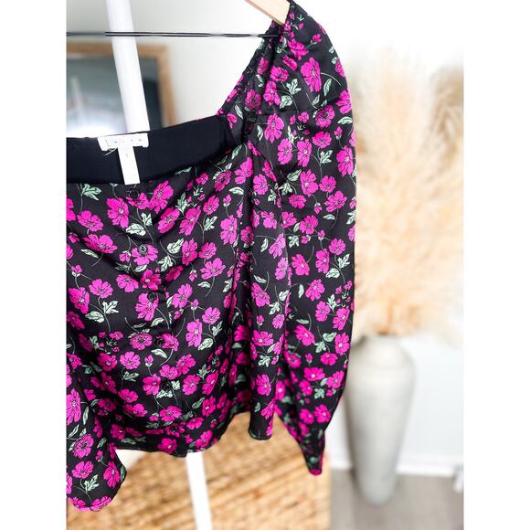 Leith Silky Floral Square Neck Blouse Small Black Long Balloon Sleeve - Picture 3 of 7